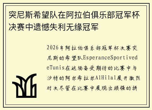 突尼斯希望队在阿拉伯俱乐部冠军杯决赛中遗憾失利无缘冠军 突尼斯希望队在阿拉伯俱乐部冠军杯决赛中遗憾失利无缘冠军